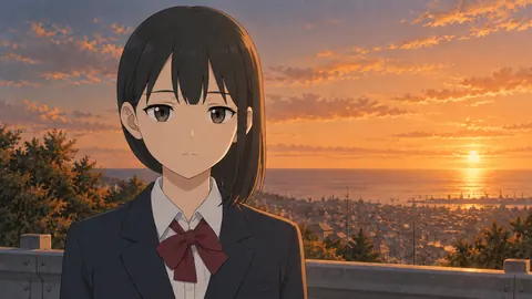 夕焼けの海を背にしたのどか（第1話より）