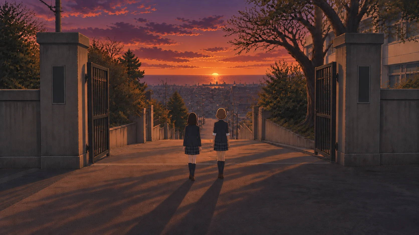 夕焼けの校門に並んで立つ、ふたりの後ろ姿。坂の向こうに海が見える