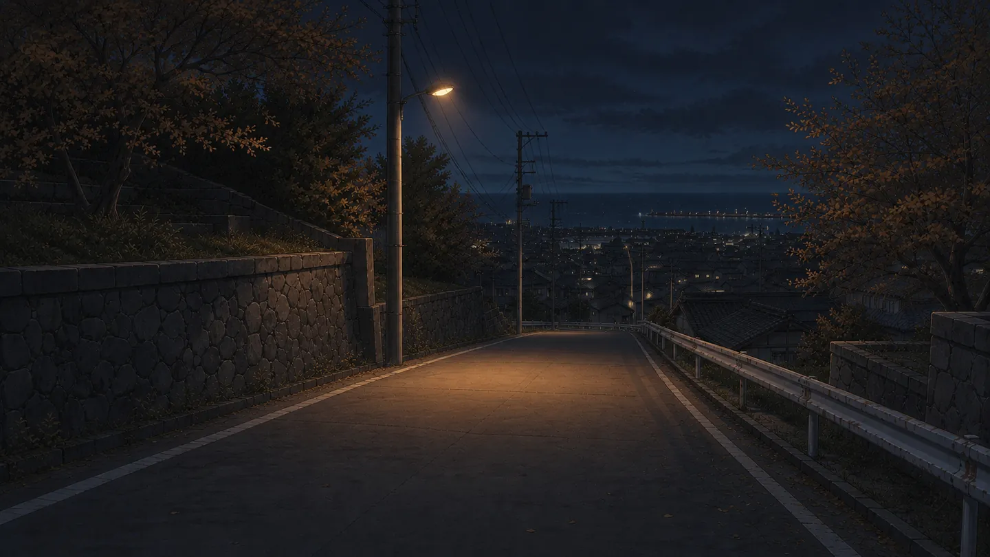 秋の夜の坂道。街灯がひとつ灯っている