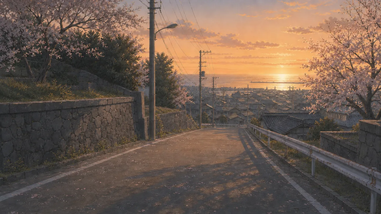 春の夕方の坂道。桜の向こうに港町と海が見える